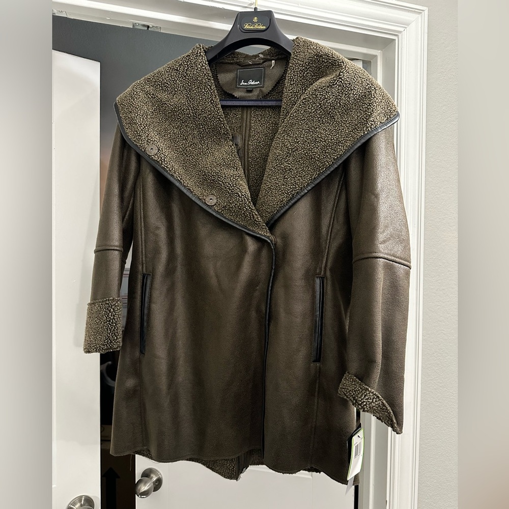 Sam Edelman Women's Sydney Hooded Faux Shearling Dark Olive Jacket size L